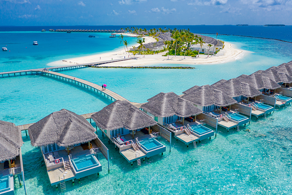 Aerial,View,Of,Maldives,Island,,Luxury,Water,Villas,Resort,And