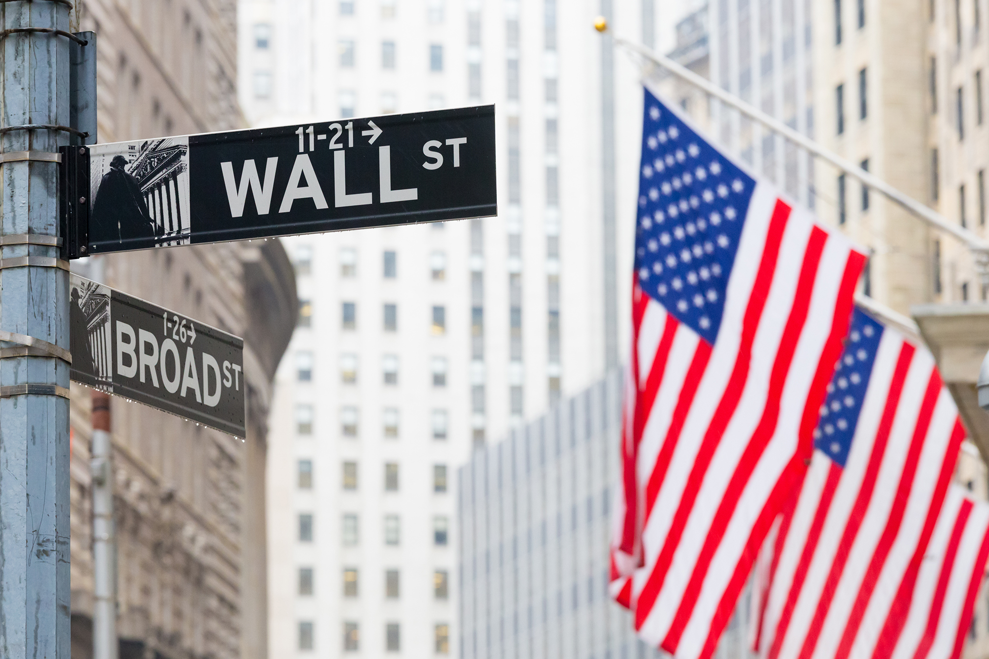 Wall,Street,Sign,In,New,York,With,American,Flags,And